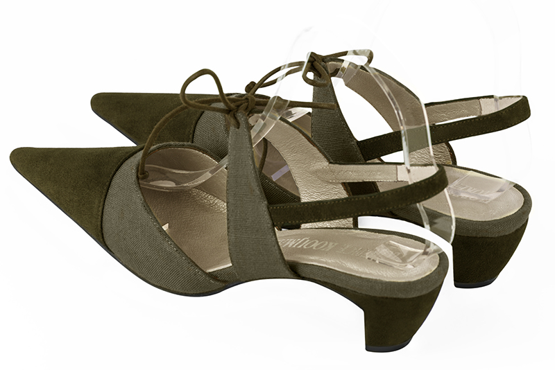 Khaki green women's open back shoes, with an instep strap. Pointed toe. Low comma heels. Rear view - Florence KOOIJMAN